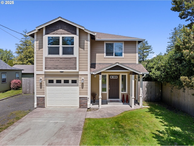 1225 3rd Ave, Hammond, OR 97121 - view of front of property featuring an attached garage, driveway, roof with shingles, and stone siding