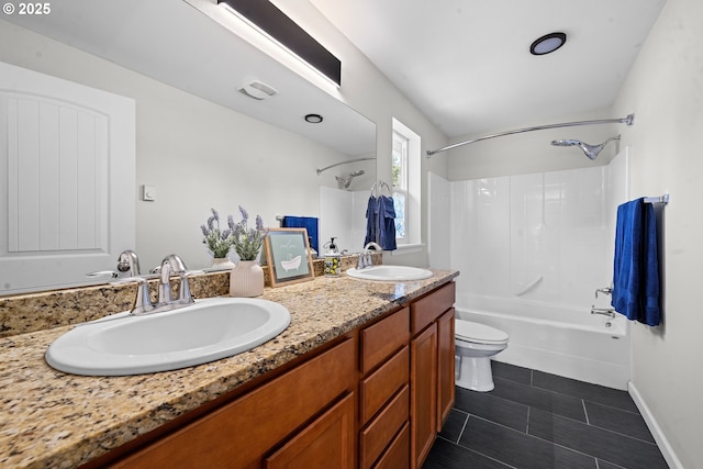 1225 3rd Ave, Hammond, OR 97121 - bathroom with double vanity, bathtub / shower combination, toilet, tile patterned floors, and baseboards