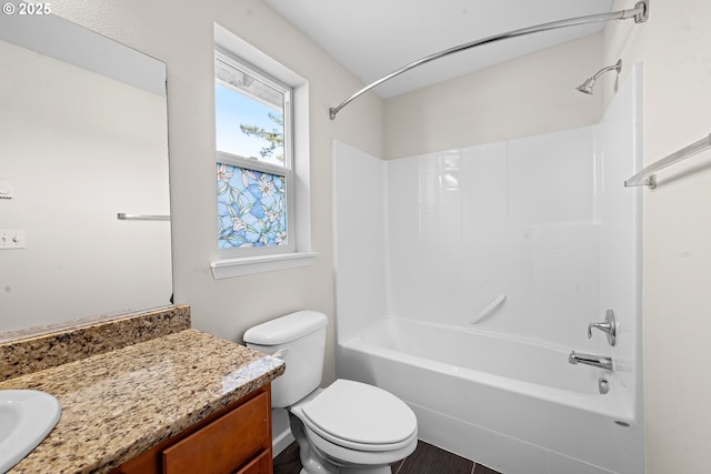 1225 3rd Ave, Hammond, OR 97121 - bathroom with vanity, toilet, shower / bath combination, and wood finished floors