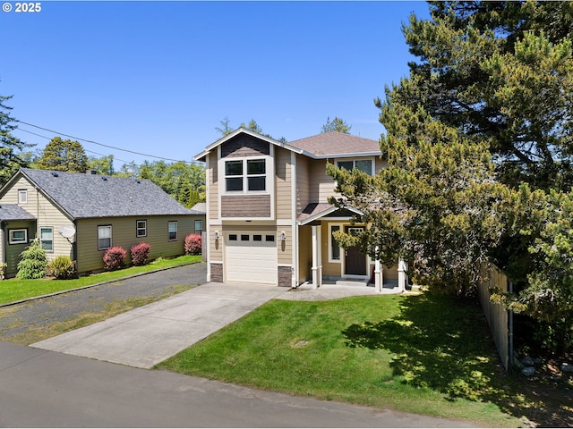 1225 3rd Ave, Hammond, OR 97121 - view of front of house with an attached garage, concrete driveway, and stone siding