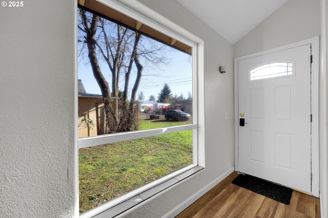 foyer entrance featuring a wealth of natural light, wood-type flooring, and vaulted ceiling