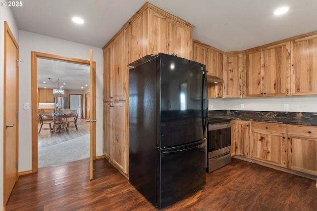 kitchen featuring stainless steel appliances, under cabinet range hood, recessed lighting, and dark wood finished floors