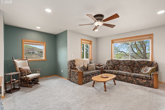 carpeted living area featuring recessed lighting, baseboards, and ceiling fan