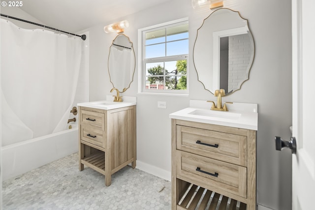 1061 NE Avery St, Newport, OR 97365 - full bathroom with shower / tub combo with curtain, vanity, tile patterned floors, and baseboards