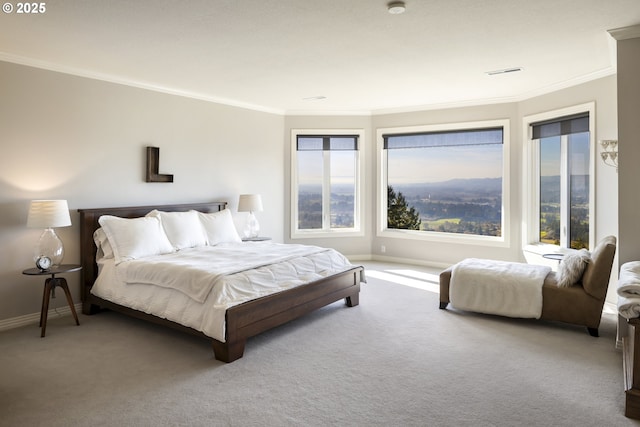 carpeted bedroom featuring crown molding