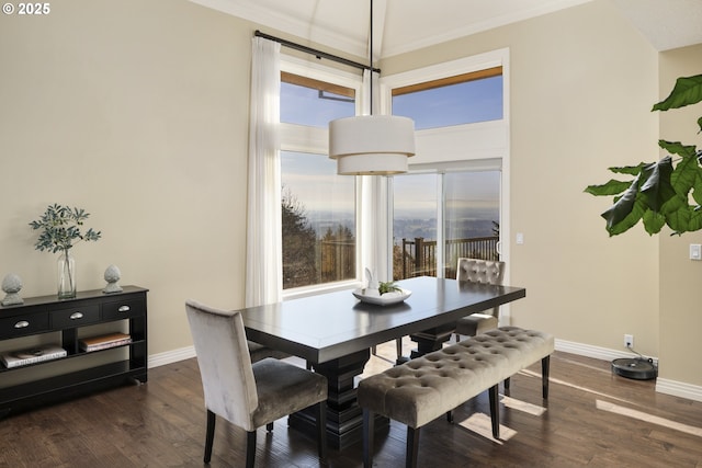 dining space featuring crown molding and dark wood-type flooring