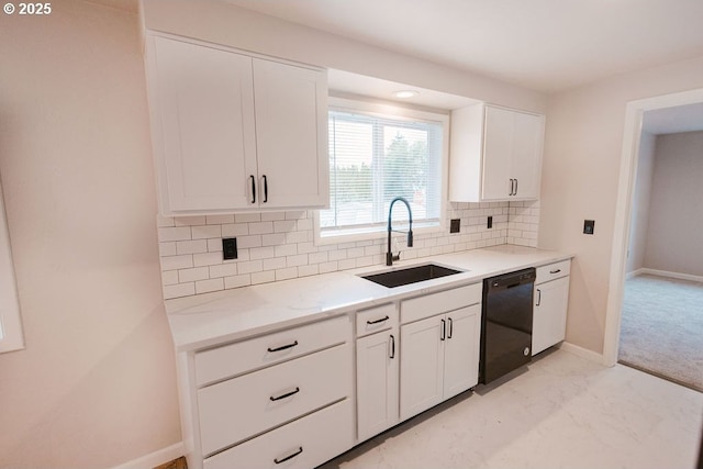 2797 Tulip St, Eugene, OR 97408 - kitchen featuring black dishwasher, a sink, decorative backsplash, white cabinetry, and baseboards