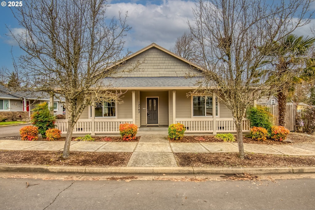 view of front facade with covered porch and roof with shingles