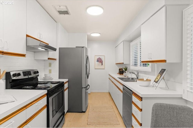 2425 SW 19th Ave Unit 9, Portland, OR 97201 - kitchen featuring stainless steel appliances, under cabinet range hood, white cabinetry, light countertops, and light wood-style flooring