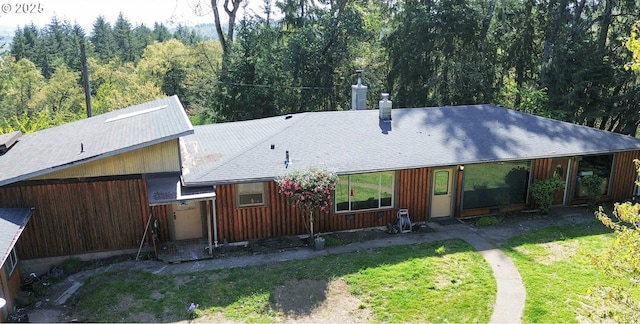 28500 Ruth Ln, Eugene, OR 97402 - view of front of property with a front yard, a chimney, and a wooded view
