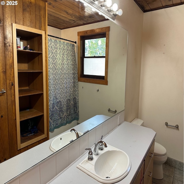 28500 Ruth Ln, Eugene, OR 97402 - bathroom featuring wooden ceiling, toilet, vanity, and a shower with shower curtain