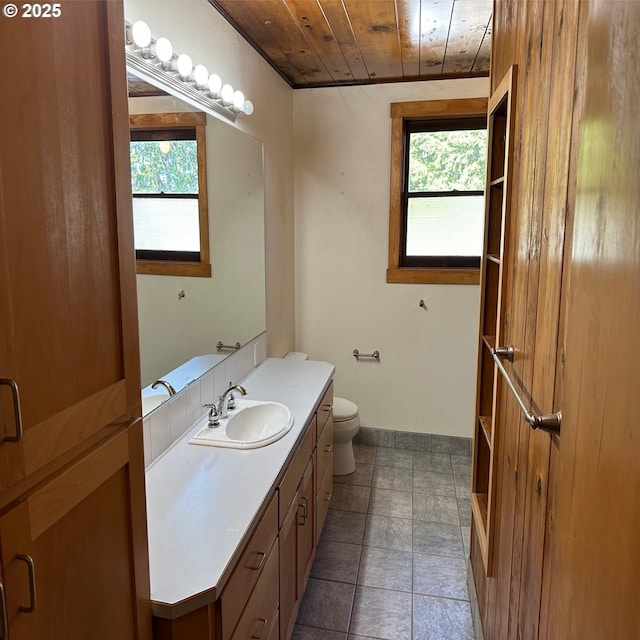 28500 Ruth Ln, Eugene, OR 97402 - bathroom featuring wood ceiling, plenty of natural light, toilet, vanity, and baseboards