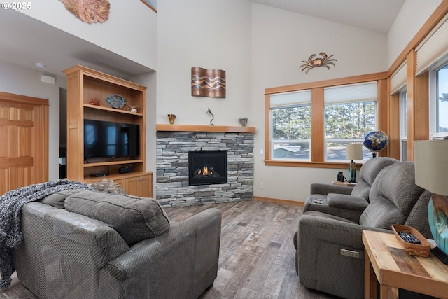 45 NW Harney St, Depoe Bay, OR 97341 - living area with wood finished floors, high vaulted ceiling, and a fireplace