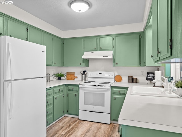 kitchen with light hardwood / wood-style flooring, white appliances, and green cabinetry