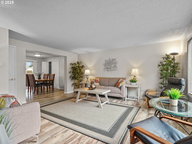 living room featuring a textured ceiling and light wood-type flooring