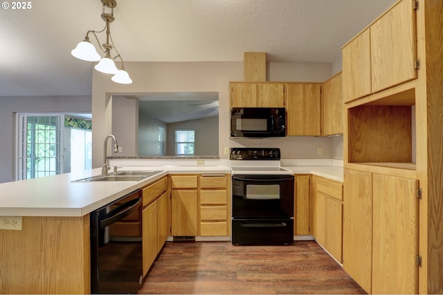 640 Sherman Dr, The Dalles, OR 97058 - kitchen featuring black appliances, a sink, light brown cabinetry, light countertops, and wood finished floors