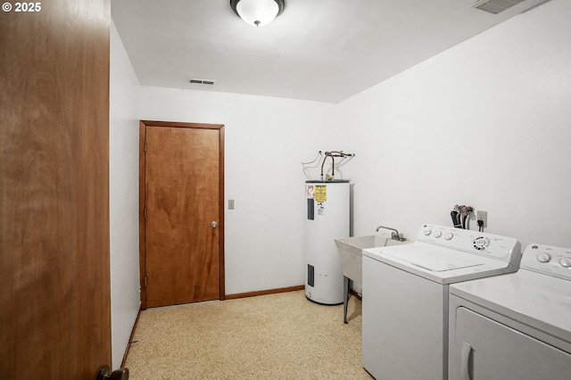 laundry room with laundry area, visible vents, washing machine and clothes dryer, water heater, and a sink