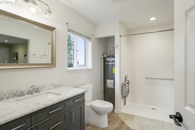 bathroom featuring strapped water heater, a stall shower, vanity, and toilet