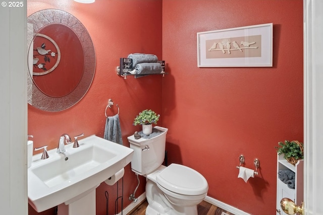 bathroom featuring hardwood / wood-style flooring, toilet, and sink