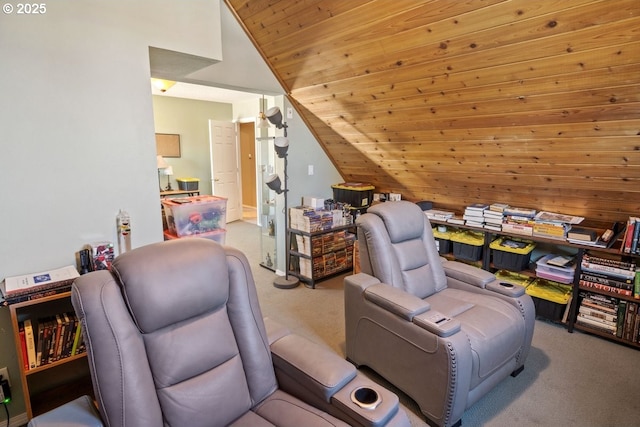 interior space featuring wood ceiling, lofted ceiling, and carpet flooring