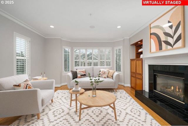 living room with a fireplace, light hardwood / wood-style flooring, and ornamental molding