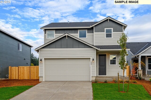 view of front facade featuring roof with shingles, fence, board and batten siding, driveway, and a front yard