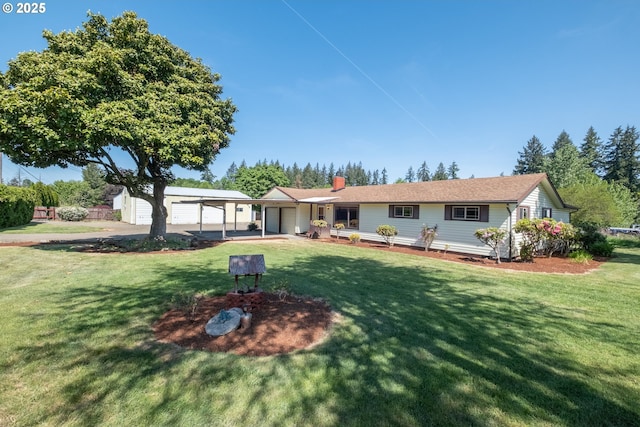 30563 Fairview Rd, Lebanon, OR 97355 - ranch-style home with a front lawn, an attached garage, and a chimney
