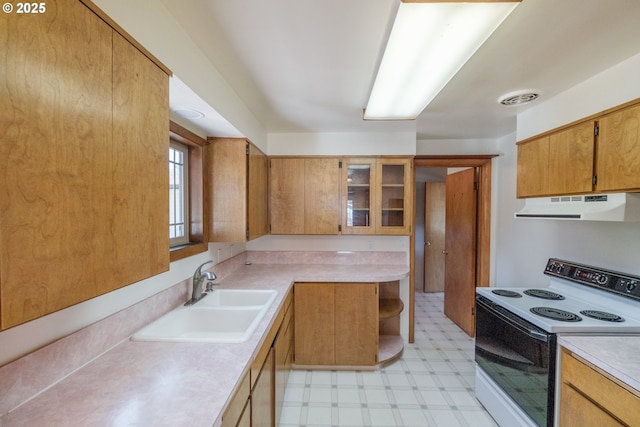 30563 Fairview Rd, Lebanon, OR 97355 - kitchen featuring white range with electric stovetop, a sink, under cabinet range hood, light floors, and light countertops