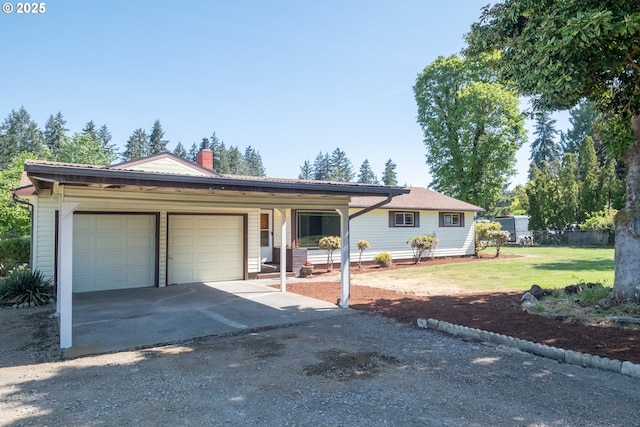 30563 Fairview Rd, Lebanon, OR 97355 - ranch-style house featuring a garage, driveway, and a chimney