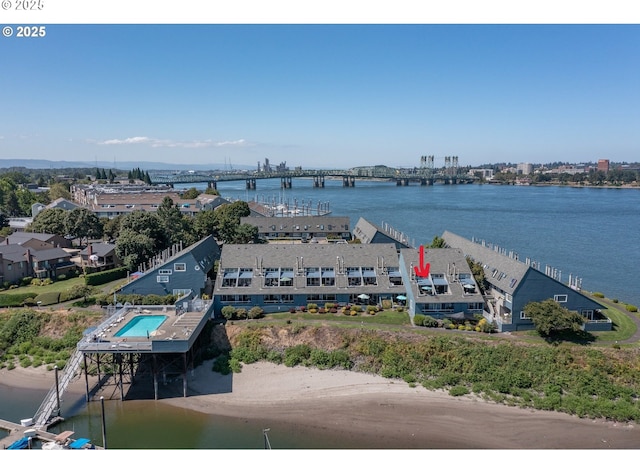 drone / aerial view featuring a water view