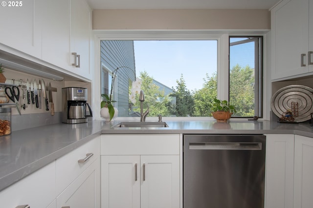 kitchen featuring dishwasher, white cabinetry, and sink