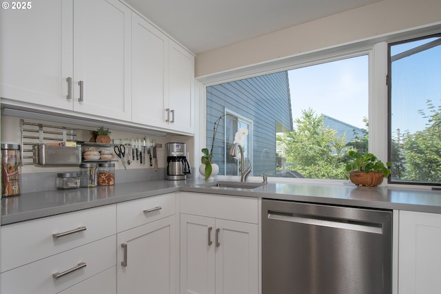 kitchen featuring white cabinetry, dishwasher, a healthy amount of sunlight, and sink