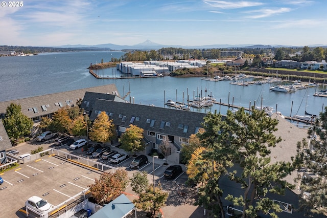 birds eye view of property with a water and mountain view