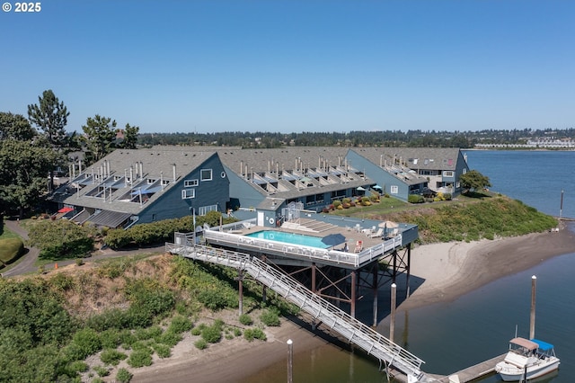 exterior space with a water view