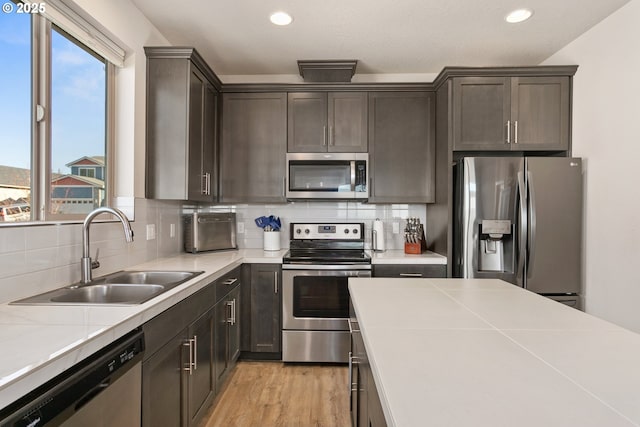 kitchen featuring a wealth of natural light, appliances with stainless steel finishes, a sink, and light countertops