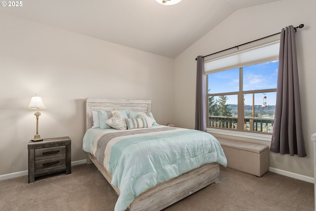 bedroom with lofted ceiling, carpet flooring, and baseboards