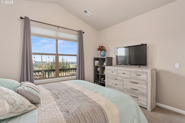 bedroom with baseboards, vaulted ceiling, visible vents, and light colored carpet