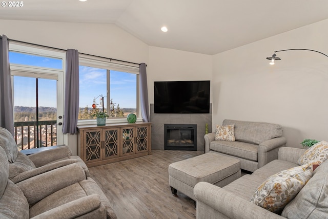 living room featuring plenty of natural light, vaulted ceiling, wood finished floors, and a fireplace