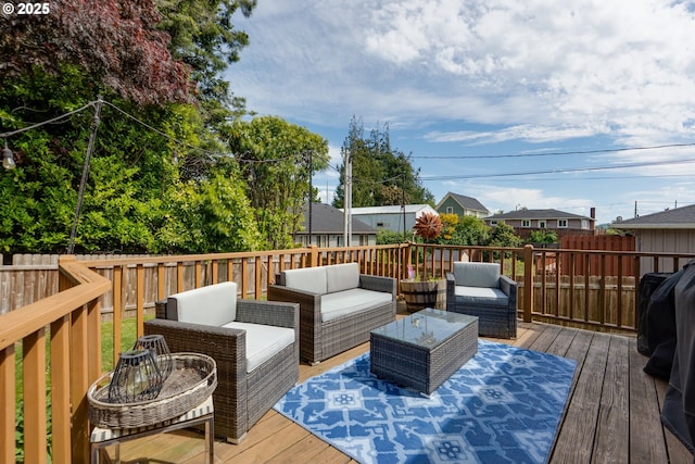 1858 5th St, Astoria, OR 97103 - wooden deck with outdoor lounge area and a fenced backyard