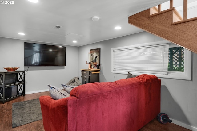 1858 5th St, Astoria, OR 97103 - living room with baseboards, recessed lighting, and wood finished floors