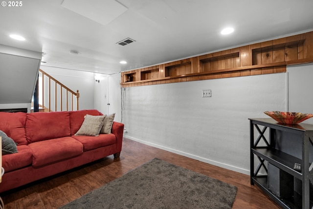 1858 5th St, Astoria, OR 97103 - living room featuring stairs, recessed lighting, dark wood-style flooring, and baseboards