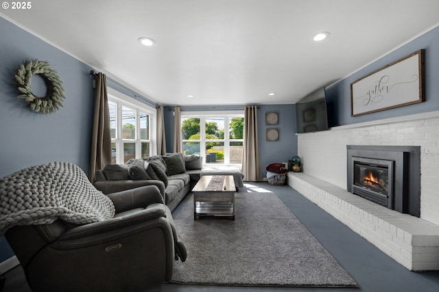 1858 5th St, Astoria, OR 97103 - living area with a brick fireplace and recessed lighting