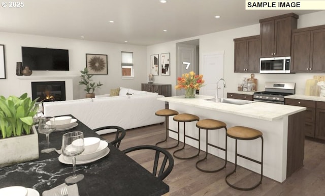 kitchen featuring wood finished floors, a sink, stainless steel appliances, light countertops, and open floor plan