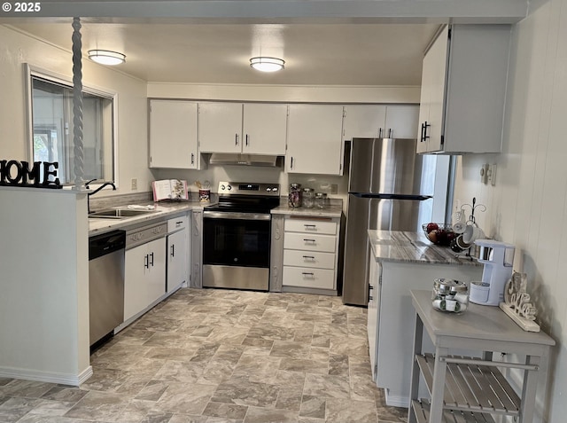 kitchen with white cabinetry, stainless steel appliances, and sink