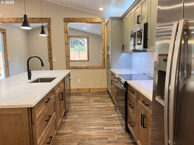 88366 4th Ave, Florence, OR 97439 - kitchen with vaulted ceiling, a sink, stainless steel appliances, recessed lighting, and dark wood-type flooring