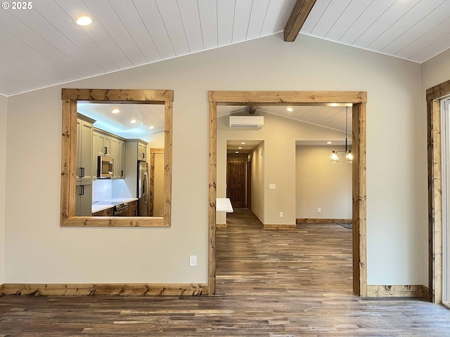 88366 4th Ave, Florence, OR 97439 - unfurnished room featuring a wall mounted AC, lofted ceiling with beams, recessed lighting, and wood finished floors