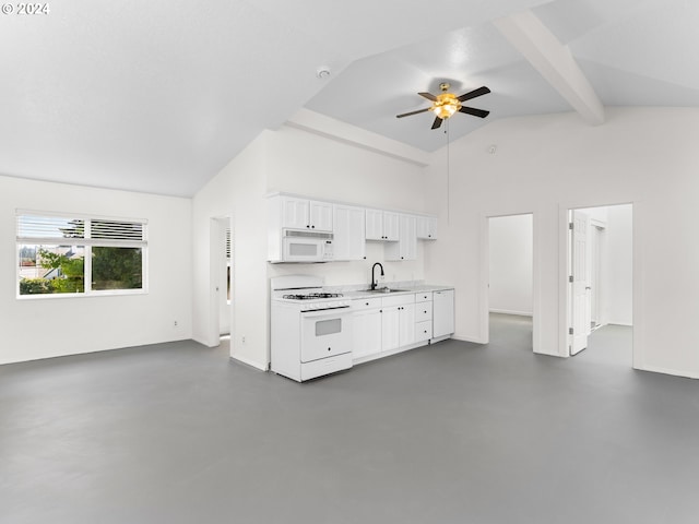 kitchen featuring high vaulted ceiling, white cabinetry, sink, ceiling fan, and white appliances