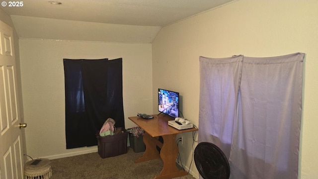 carpeted office with lofted ceiling