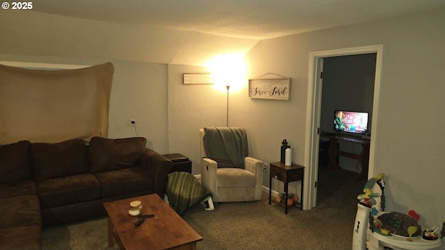 carpeted living room with lofted ceiling