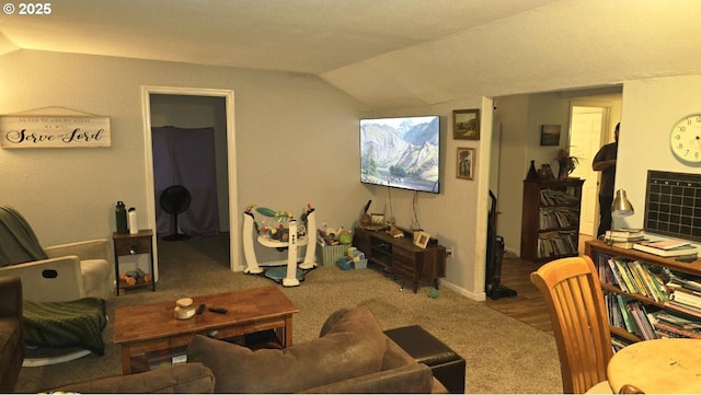 living room featuring lofted ceiling